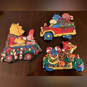 Disney Set x3 Tin Car Christmas Ornaments Pooh Tigger Eeyore Piglet - Rare